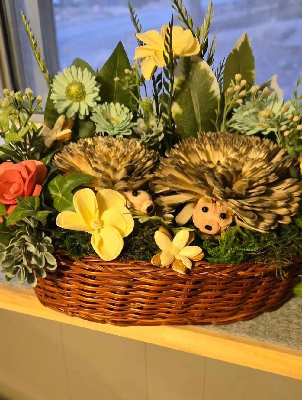 Artificial Floral Hedgehog Basket - Brown and Yellow Home Accent